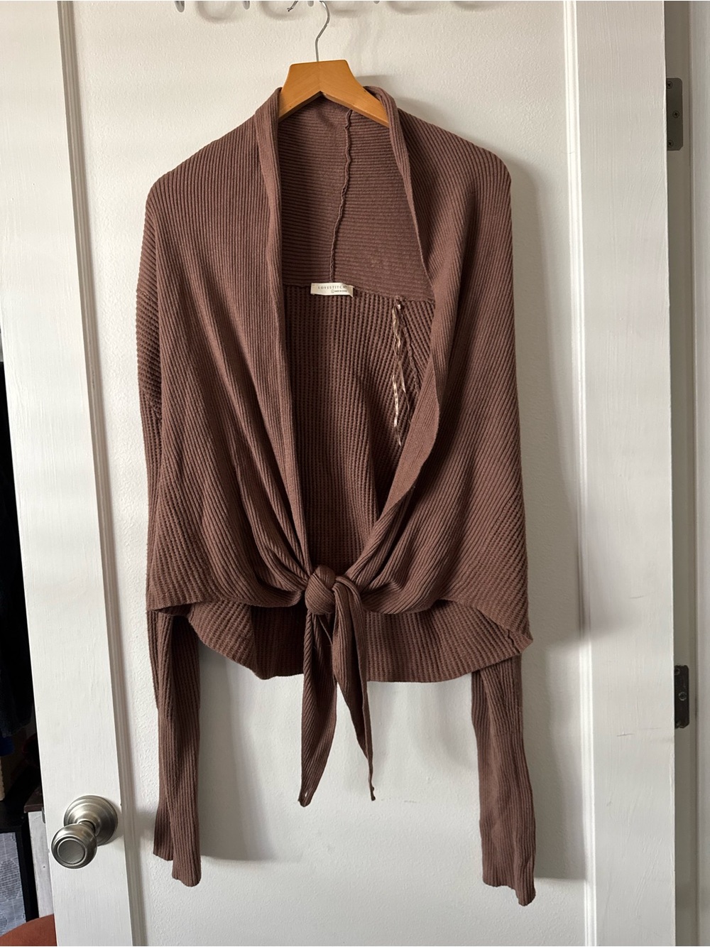 lovestitch Ribbed Tie-Front Cardigan in Brown